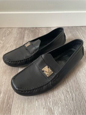 Louis Vuitton Driving Loafers S Lock Leather Flats Black Designer Size 38.5